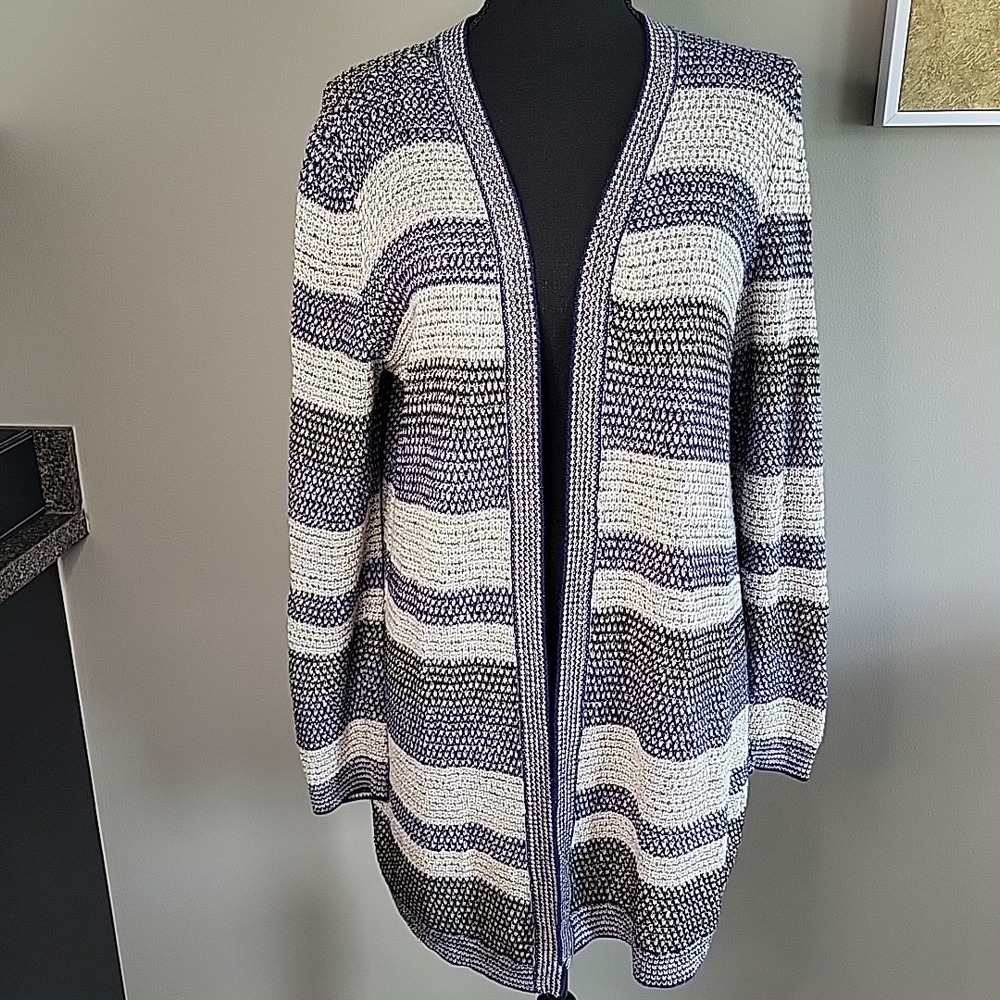 Westport 1962 Women's Open Front Sweater Cardigan Blue‎ Beige Metallic Stripe M